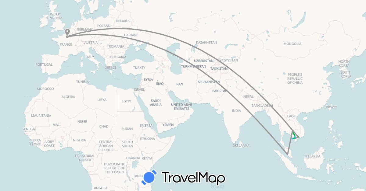 TravelMap itinerary: driving, bus, plane, hiking, boat, motorbike in France, Cambodia, Malaysia, Vietnam (Asia, Europe)