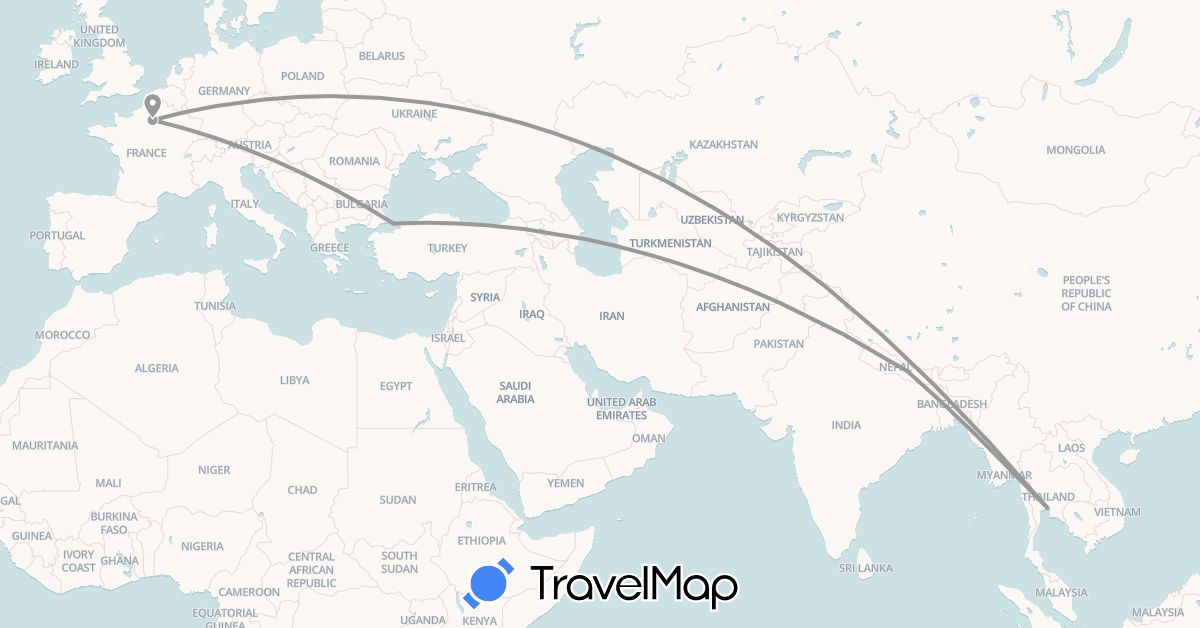 TravelMap itinerary: driving, plane in France, Nepal, Thailand, Turkey (Asia, Europe)