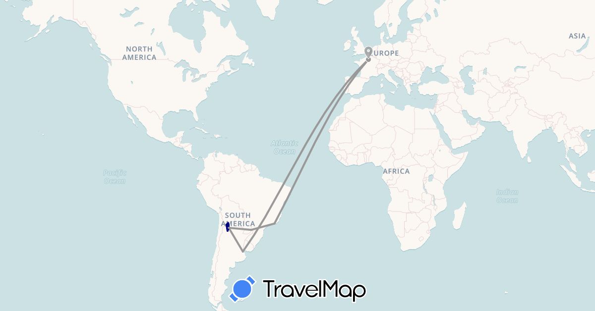 TravelMap itinerary: driving, plane in Argentina, Brazil, France (Europe, South America)