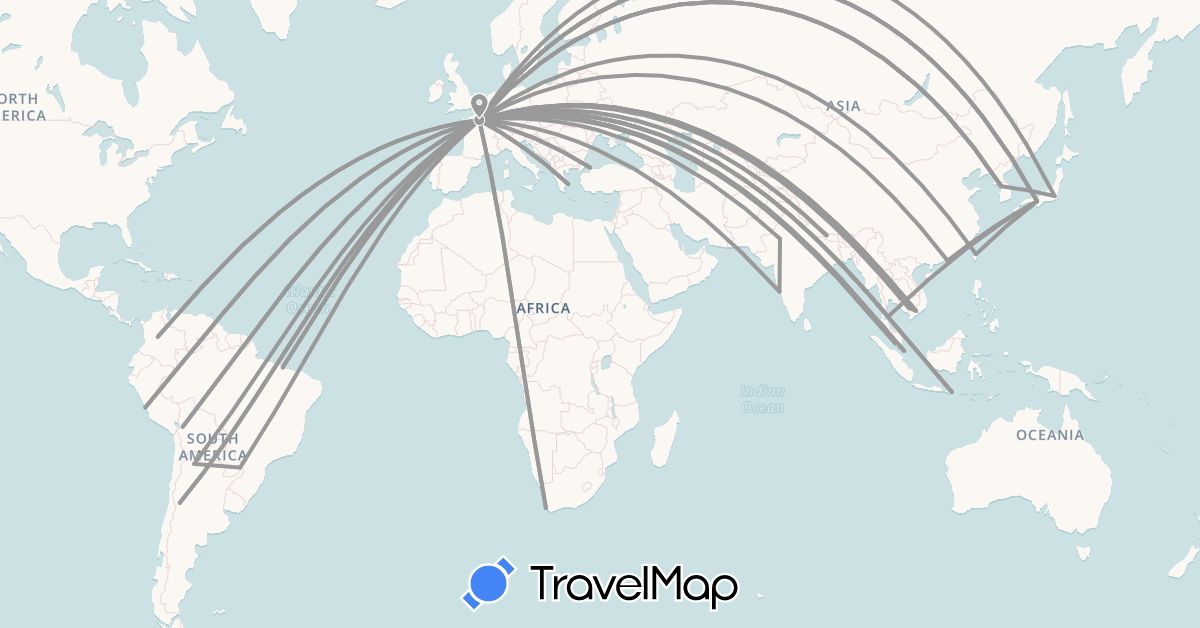 TravelMap itinerary: driving, plane in Argentina, Bolivia, Brazil, China, Colombia, France, Greece, Indonesia, India, Japan, Cambodia, South Korea, Malaysia, Nepal, Peru, Singapore, Thailand, Turkey, Taiwan, Vietnam, South Africa (Africa, Asia, Europe, South America)