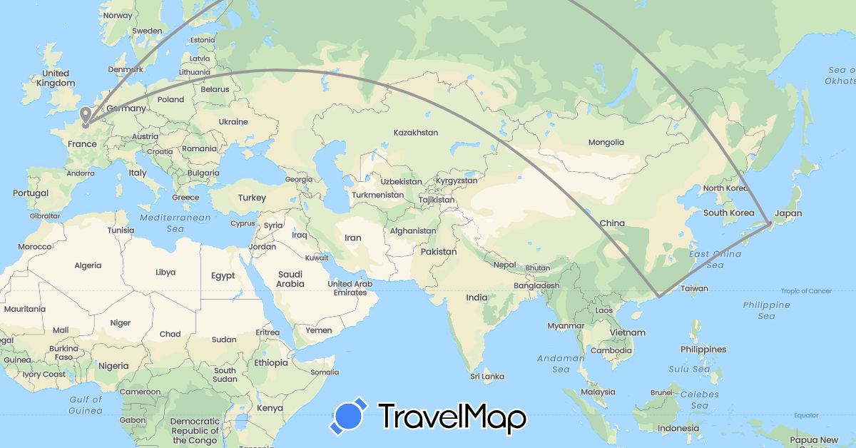 TravelMap itinerary: driving, plane, train in France, Hong Kong, Japan (Asia, Europe)