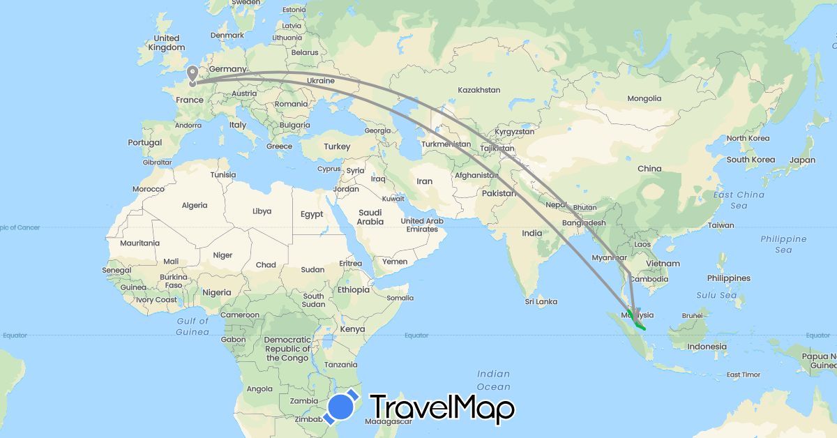 TravelMap itinerary: driving, bus, plane, train, boat in France, Malaysia, Singapore, Thailand (Asia, Europe)