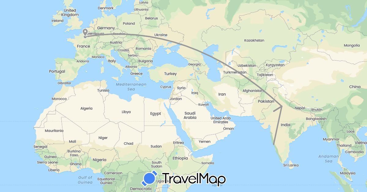 TravelMap itinerary: driving, plane in France, India (Asia, Europe)