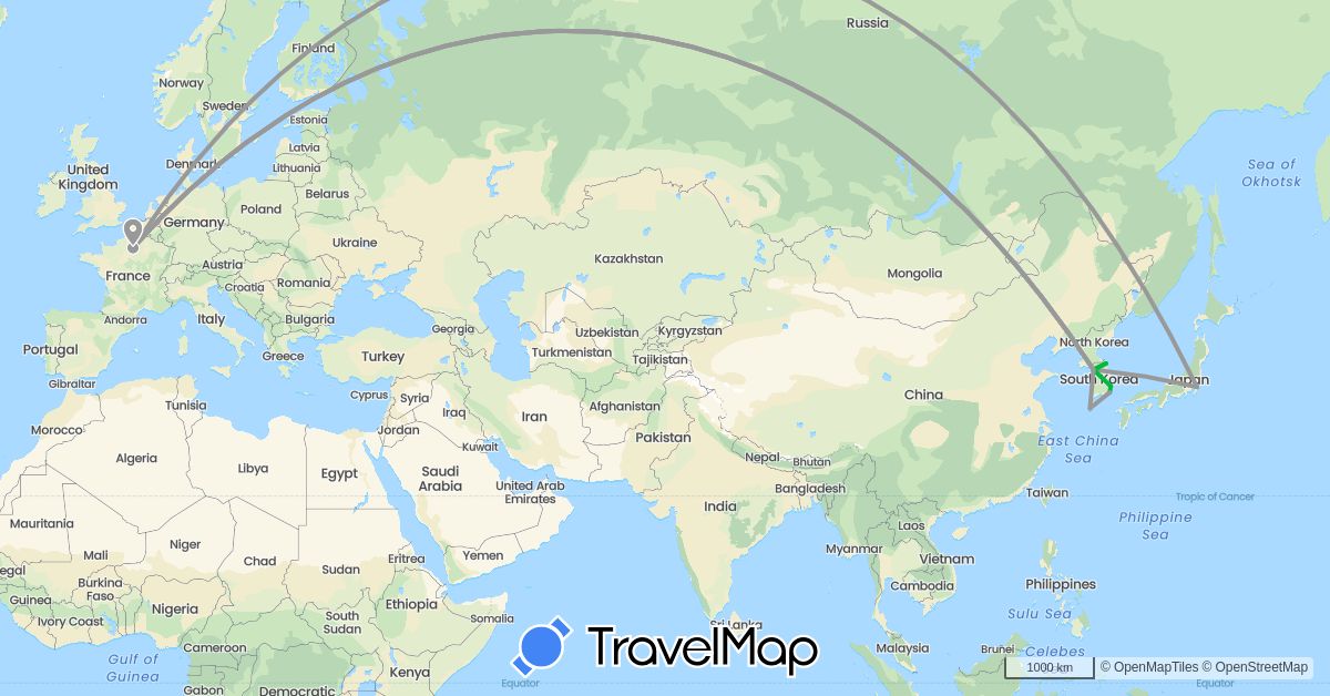 TravelMap itinerary: driving, bus, plane in France, Japan, South Korea (Asia, Europe)