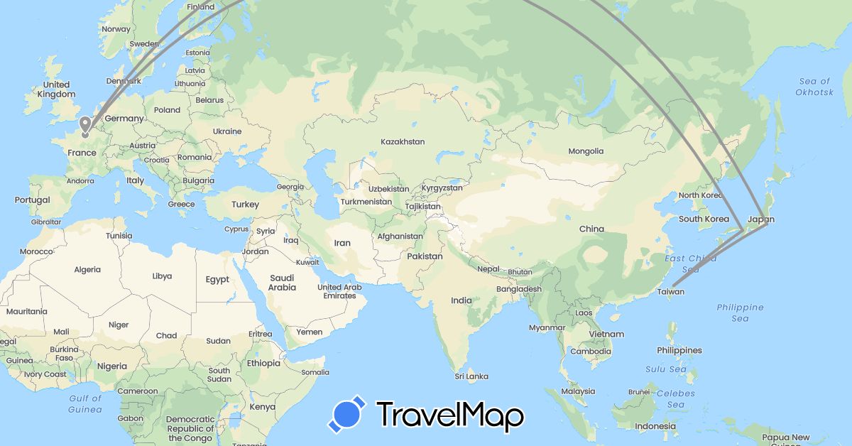 TravelMap itinerary: driving, plane in France, Japan, Taiwan (Asia, Europe)