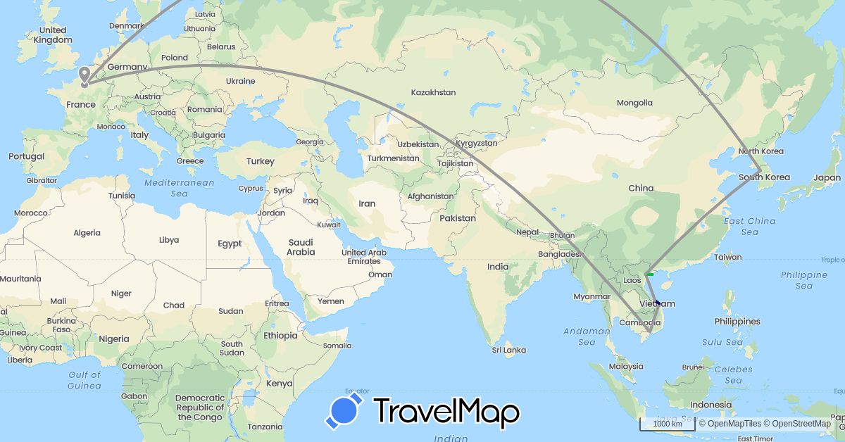 TravelMap itinerary: driving, bus, plane in France, South Korea, Vietnam (Asia, Europe)