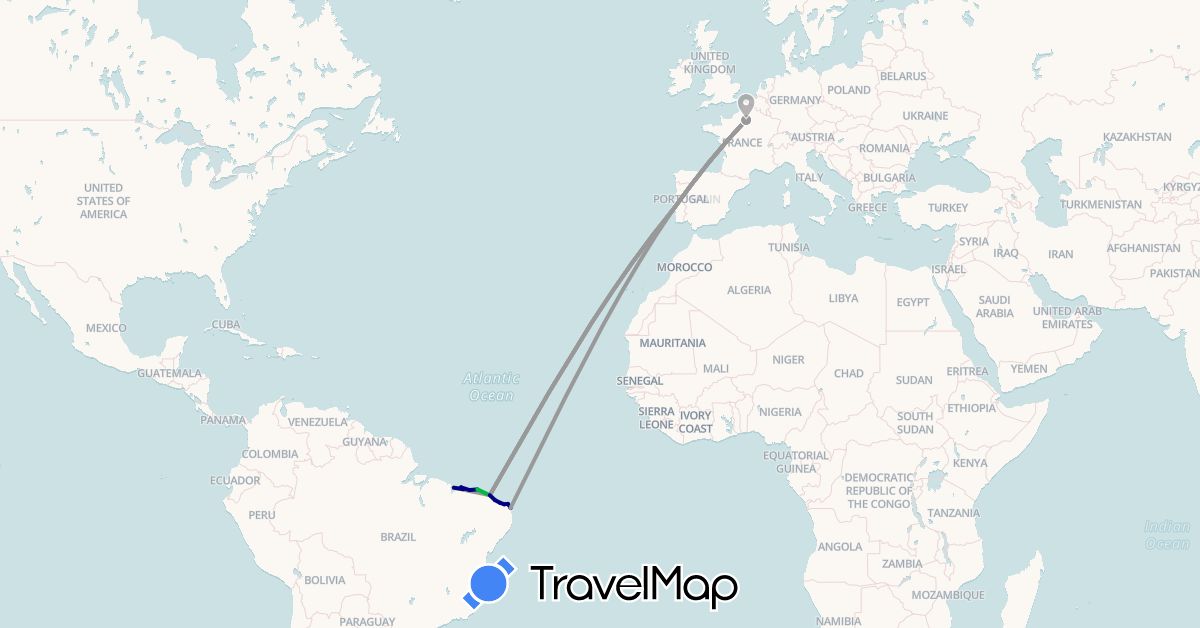 TravelMap itinerary: driving, bus, plane in Brazil, France, Portugal (Europe, South America)