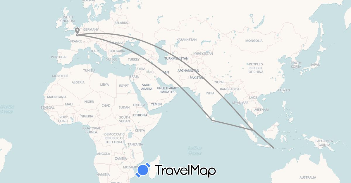 TravelMap itinerary: driving, plane in France, Indonesia, Sri Lanka, Malaysia, Singapore (Asia, Europe)